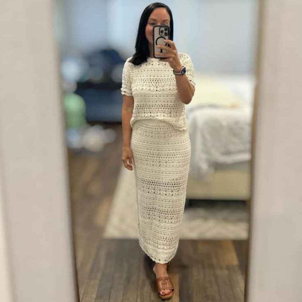 UT XL Cream Openwork Midi Sweater Crochet Knit Scalloped Drawstring Skirt - Picture 6 of 16